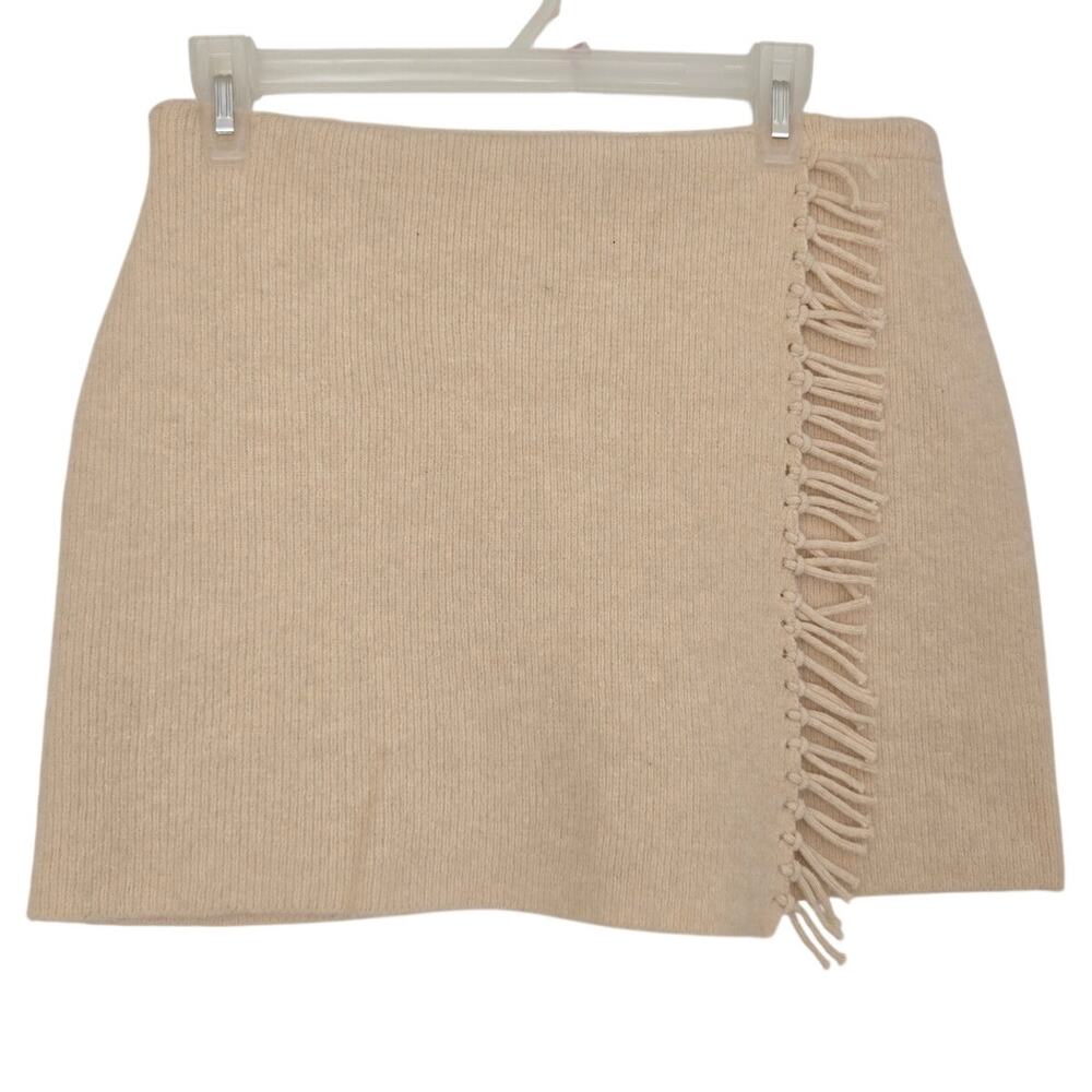 Cream Knit Mini Skirt Wrap Front Fringe Hem Boho Minimalist Aqua Medium